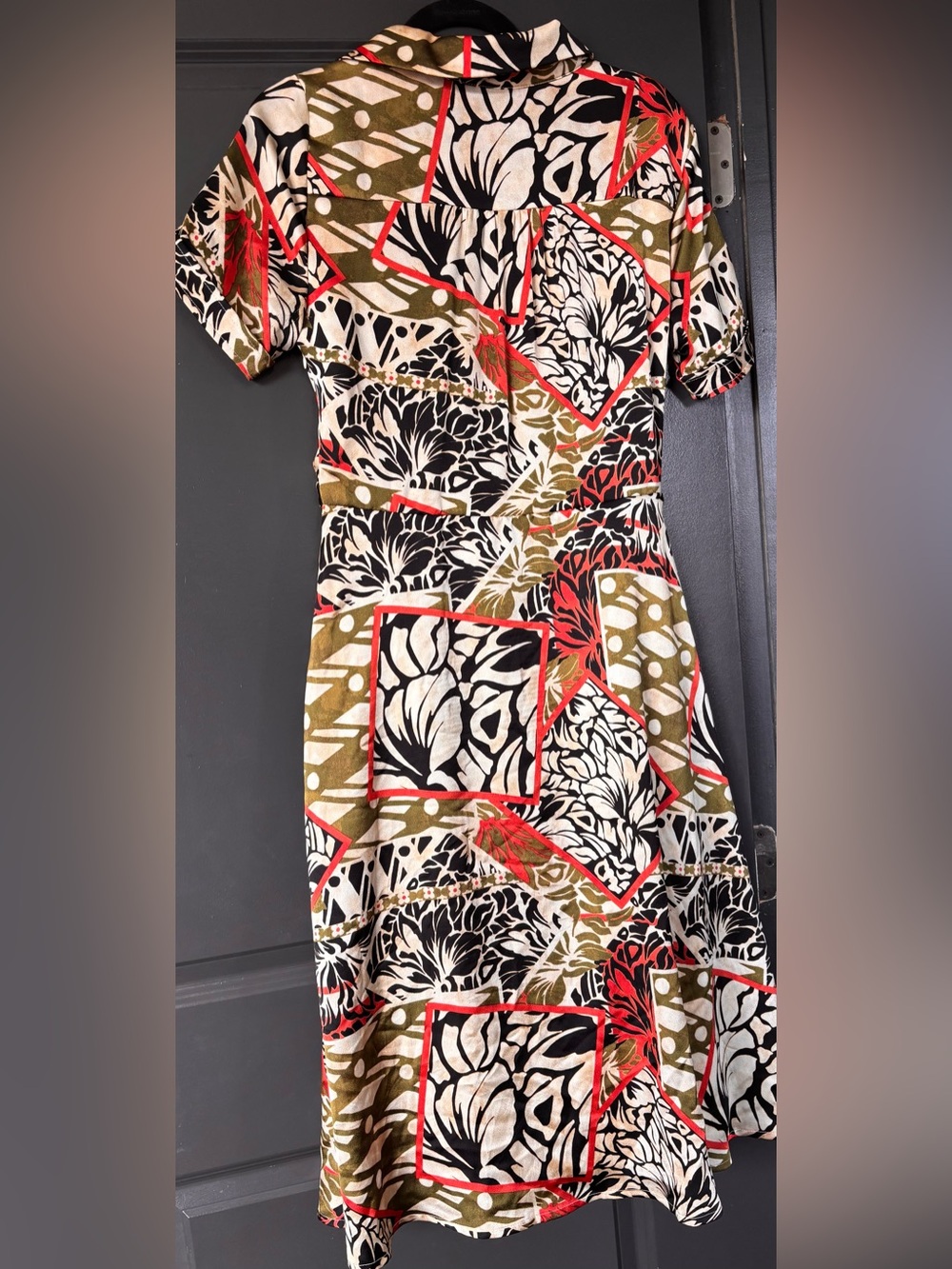 Tahari ASL Olive, Black, Cream & Red Floral Wrap Midi Dress - Picture 3 of 5